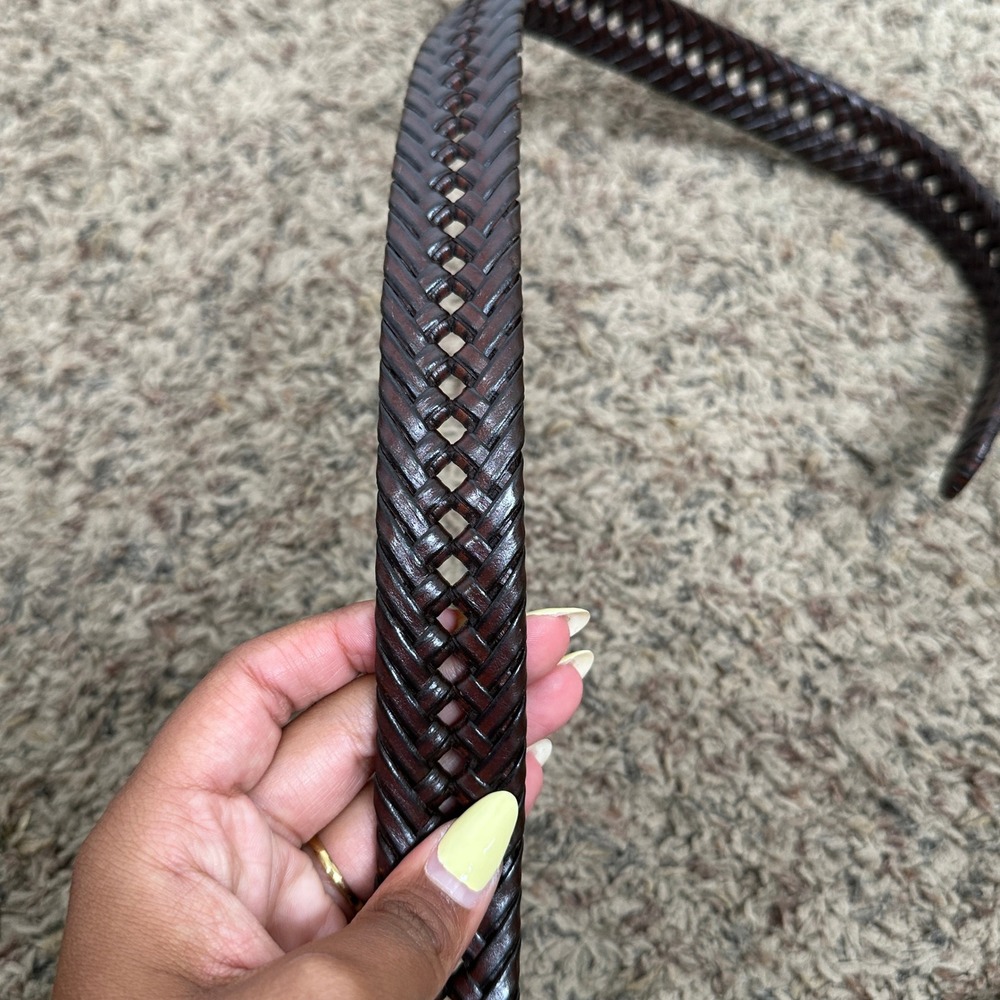 Dockers Mens Braided Woven Belt Dark Brown Leather Tab Silver Buckle M 34-36